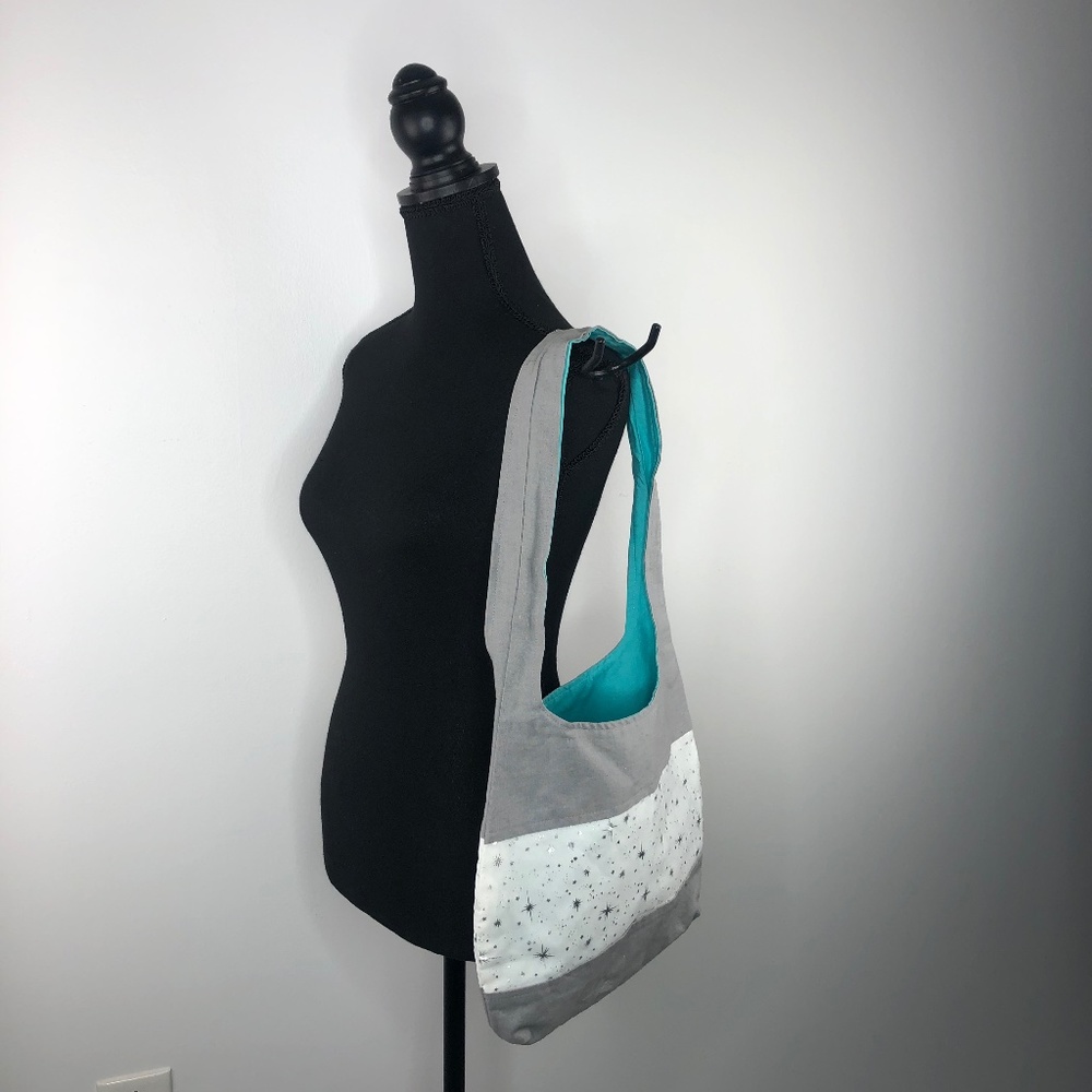 Handmade Grey White Silver Starburst Teal Small Tote Bag